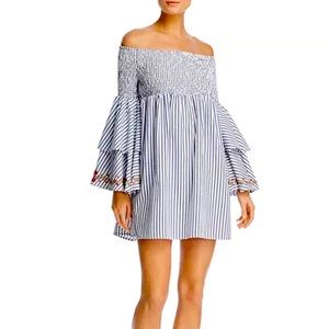 Aqua embroidered off the shoulder bell sleeve dress